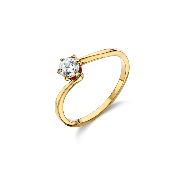 Vogue single stone ring, white round zircon with flame binding in gold-plated Silver 925