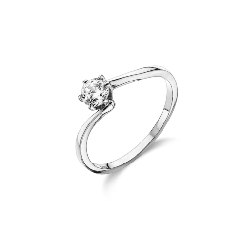 Vogue single stone ring, white round zircon with flame binding in Silver 925