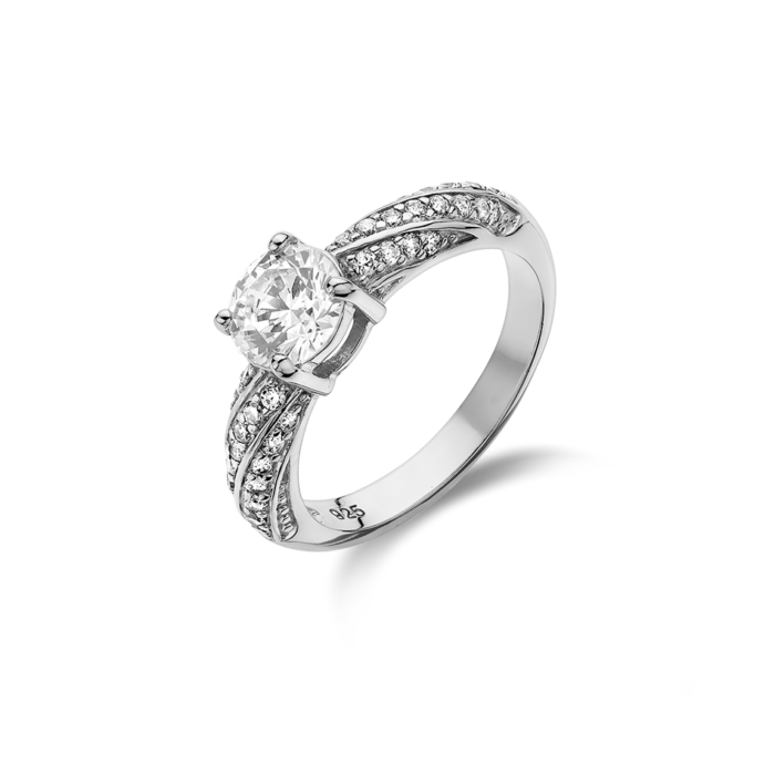 Vogue single stone ring with twisted Pave design in Silver 925