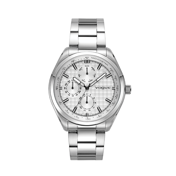 Vogue Le Mans watch with white metallic color dial with 3D squares design Speedometer bezel Water Resistant up to 100 meters