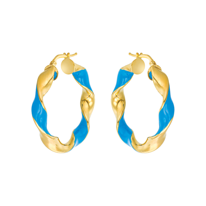 Vogue twisted hoop earrings with azzure blue color enamel and gold-plated Silver 925