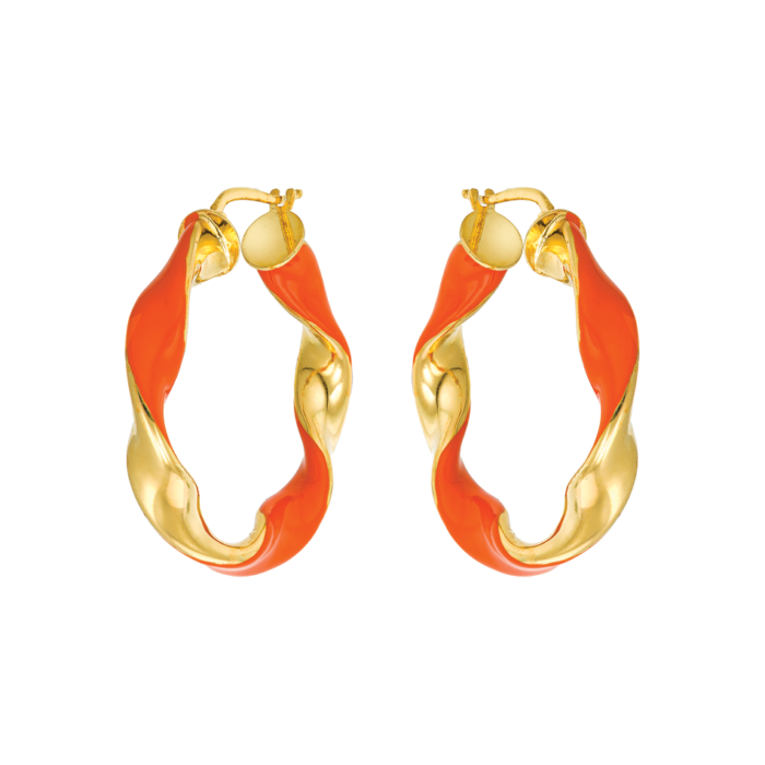 Vogue twisted hoop earrings with orange color enamel and gold-plated Silver 925