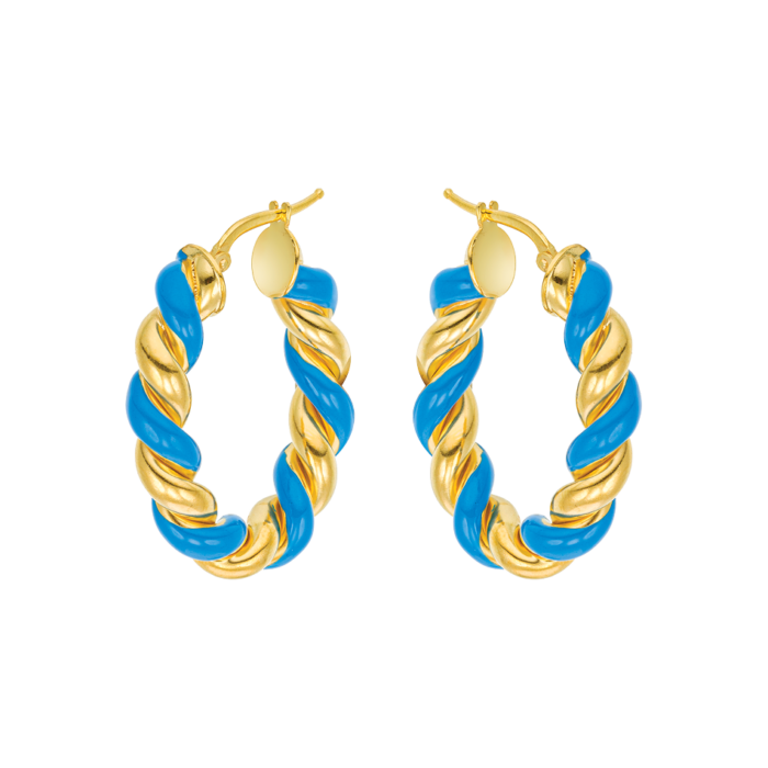 Vogue hoop earrings with ripples with azzure blue color enamel and gold-plated Silver 925