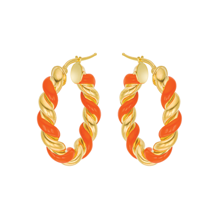 Vogue hoop earrings with ripples with orange color enamel and gold-plated Silver 925