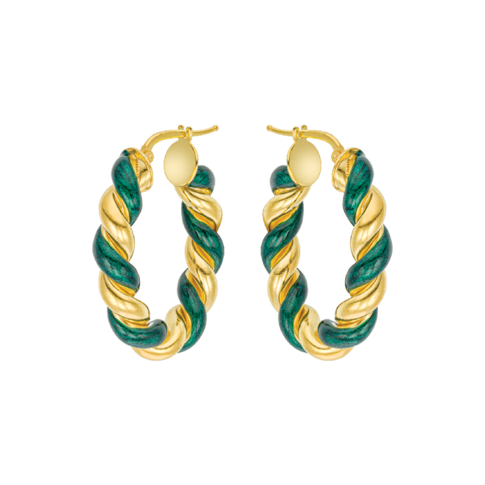 Vogue hoop earrings with ripples with pine color enamel and gold-plated Silver 925