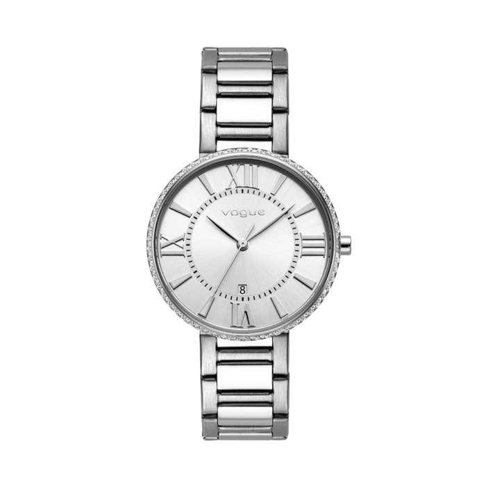 Vogue Jet Set watch silver stainless steel bracelet and silver dial & shiny white zircons