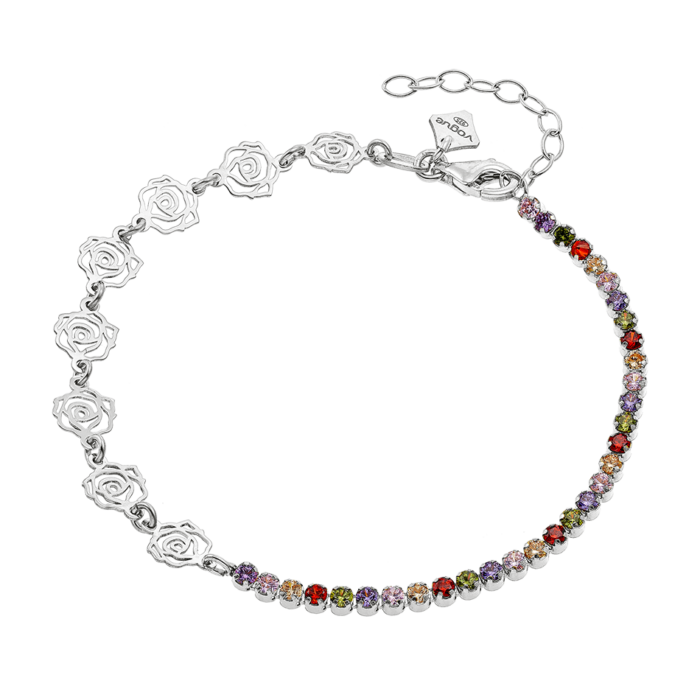 Vogue bracelet with rose motifs and multicolored zircons in Silver 925