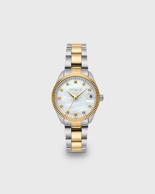 Vogue Reina mini watch white mother of pearl dial and bracelet in two-tone silver - gold plating Diameter 27mm