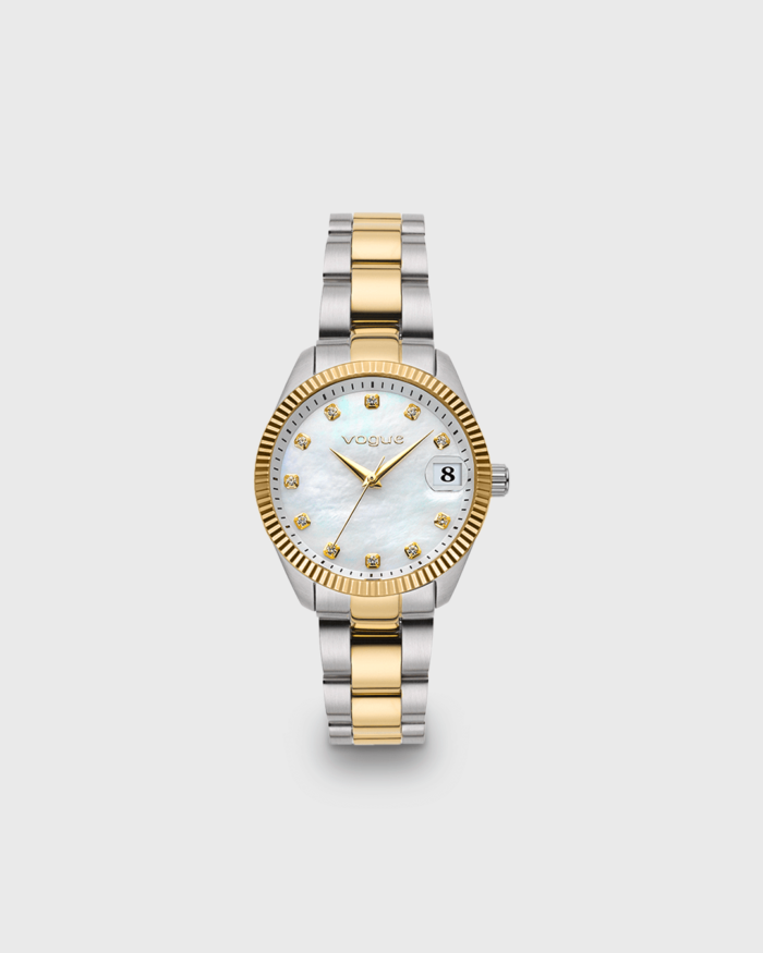 Vogue Reina mini watch white mother of pearl dial and bracelet in two-tone silver - gold plating Diameter 27mm