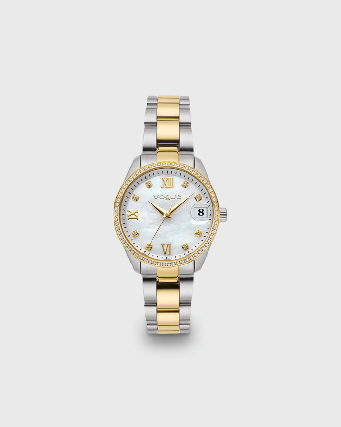 Vogue Reina mini watch white mother of pearl dial and bracelet in two tones silver - gold plating Diameter 27mm