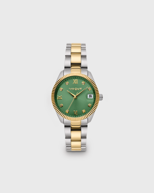 Vogue Reina mini watch, gold stainless steel bracelet and green dial