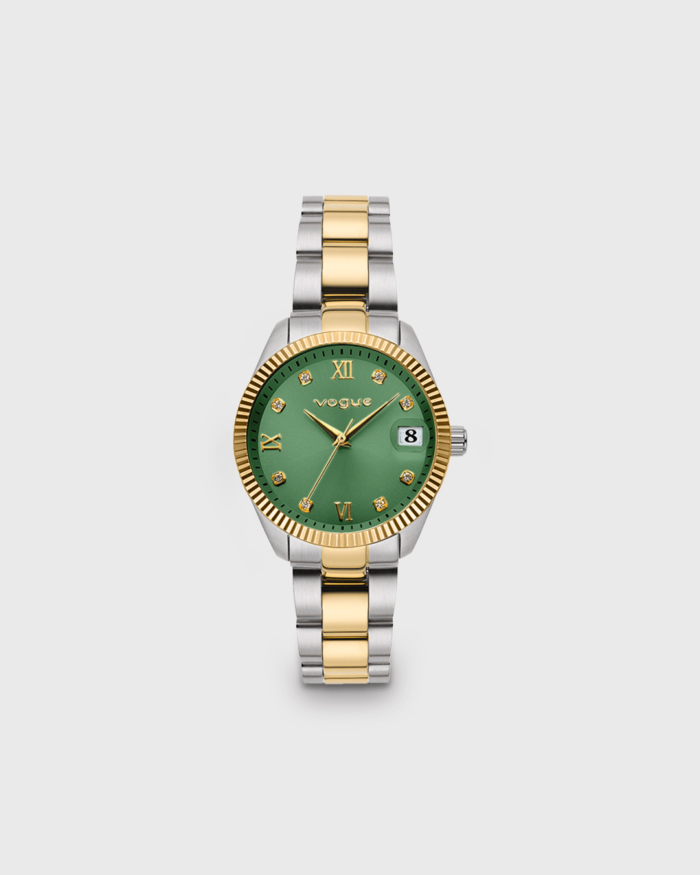 Vogue Reina mini watch, gold stainless steel bracelet and green dial