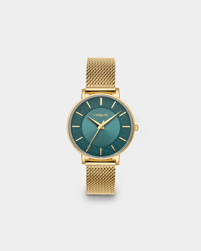 Vogue Iris watch, gold stainless steel bracelet and petrol blue dial