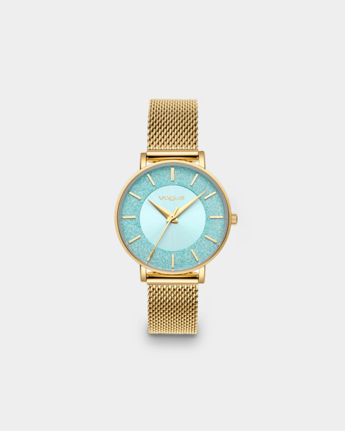 Vogue Iris watch, gold stainless steel bracelet and icy blue dial