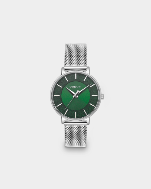 Vogue Iris watch, silver stainless steel bracelet and green dial