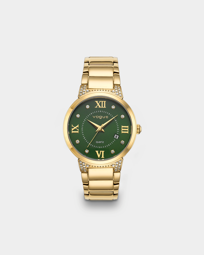 Vogue Valerie watch, gold stainless steel bracelet and green dial