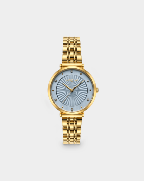 Vogue New Bliss watch, gold stainless steel bracelet and light blue dial