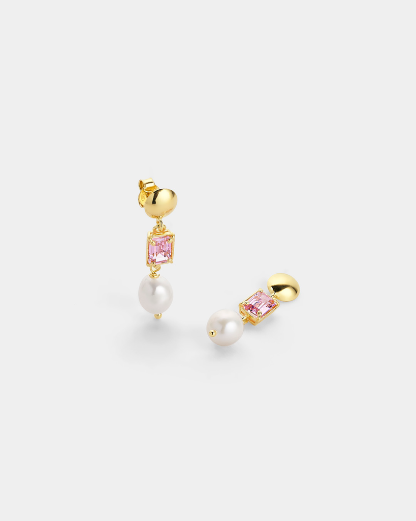 Vogue drop earrings with rose zircon & white pearl in gold-plated Silver 925