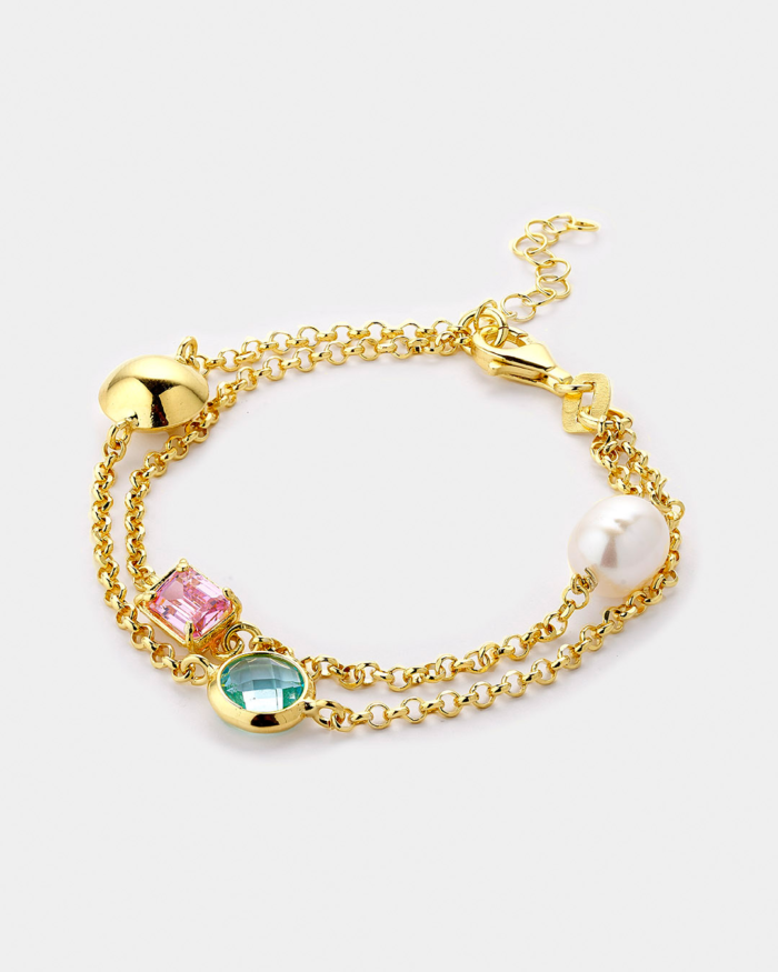 Vogue double bracelet multicolerd zircons & white pearl in gold-plated Silver 925