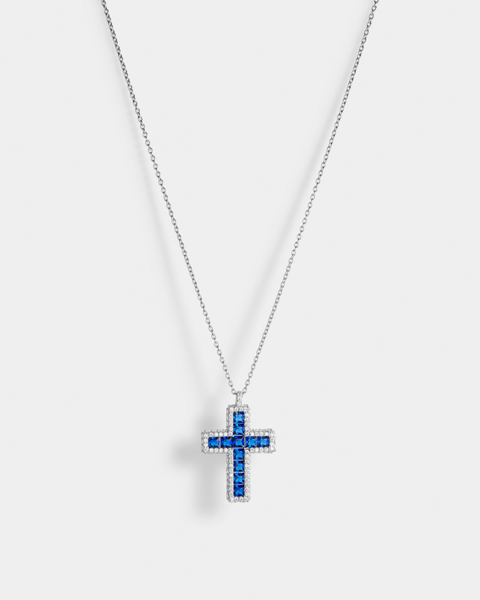 Vogue cross with square blue zircons in Silver 925