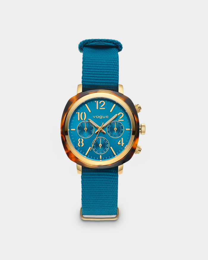 Vogue Colette watch brown acetate and electroc blue nato strap