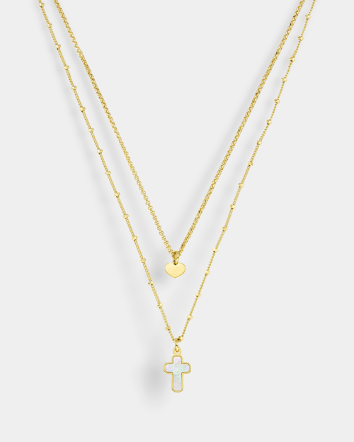 Necklace with a double chain in gold-plated Silver 925 and a mother-of-pearl cross.