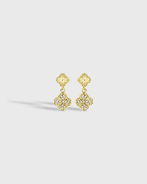 Vogue dangle earrings with double four-leaf clover design in gold-plated Silver 925 and white zircons