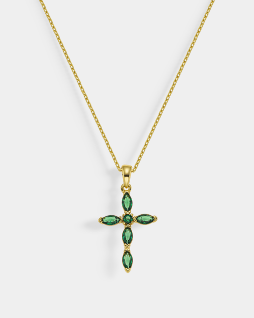 Gold-plated Silver 925° cross pendant with emerald stones