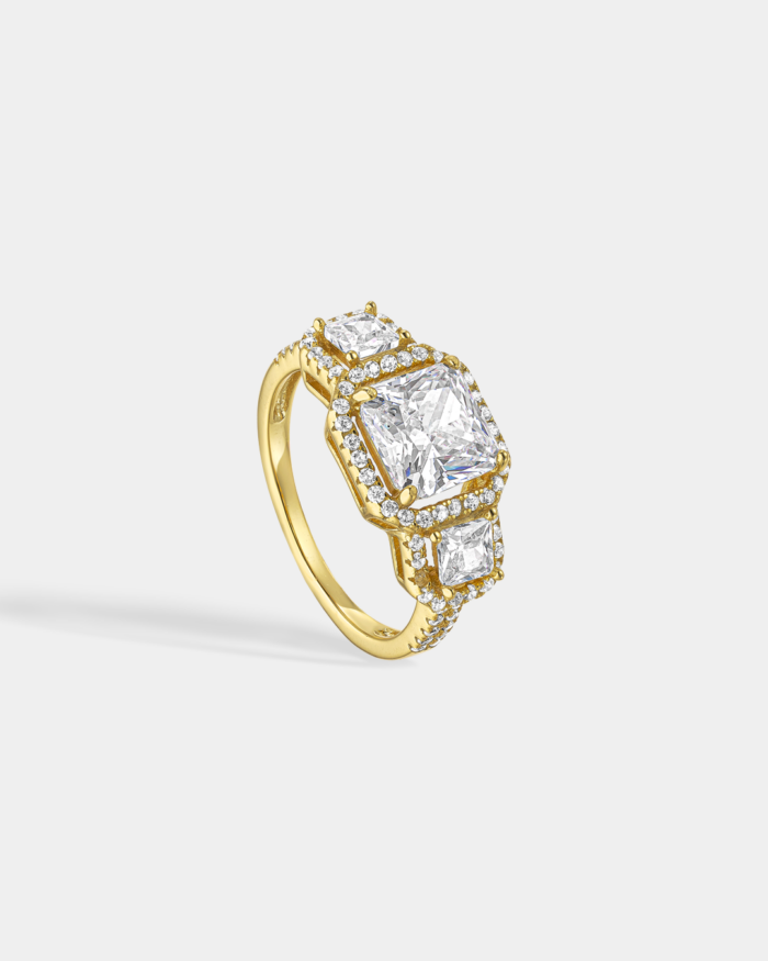 Ring with triple-center design and white zircons in gold-plated Silver 925°