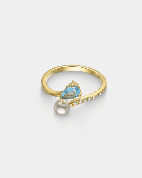 Ring with pearl and blue teardrop zircon in gold-plated Silver 925°
