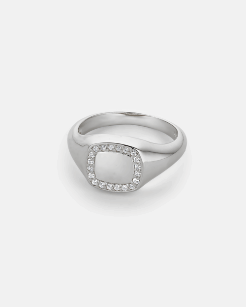 Signet ring with pave-set white zircons detailing in Silver 925°