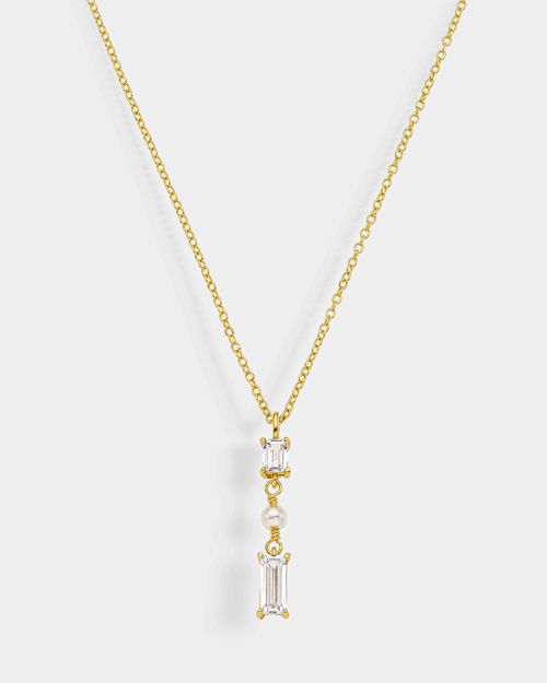 Necklace with pearl and baguette zircons in gold-plated Silver 925°